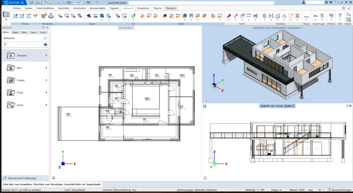 Screenshot der CAD-Software Allplan mit geteiltem Bildschirm: Links ein 2D-Grundrissplan, rechts oben eine isometrische 3D-Ansicht eines modernen zweigeschossigen Wohnhauses und rechts unten eine Ansicht der Gebäudefassade von vorne.