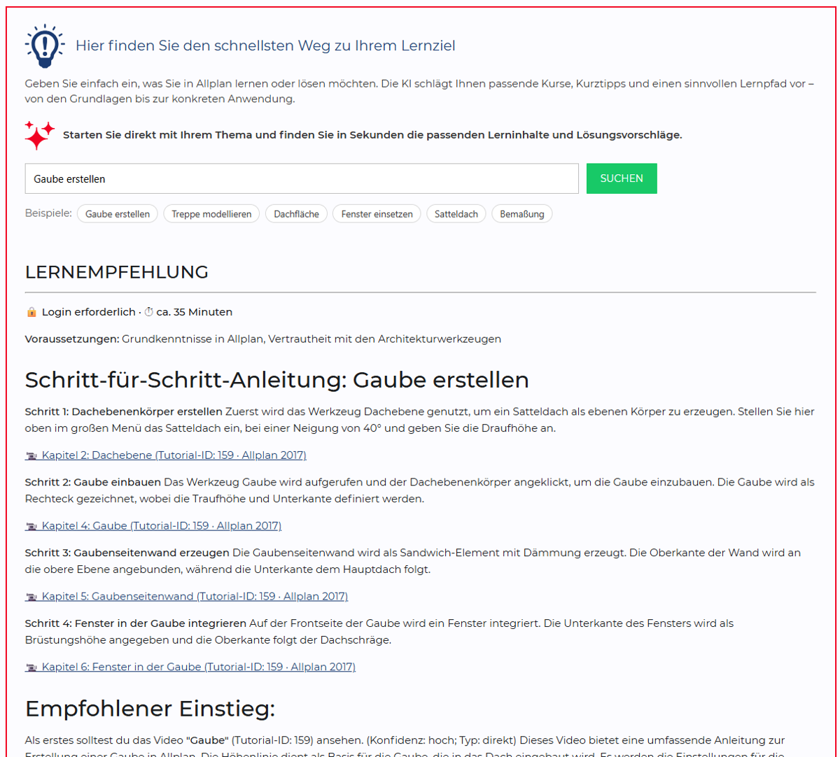 Beispiel für eine KI-gestützte Suchanfrage mit Lernempfehlung in allplanlernen.de