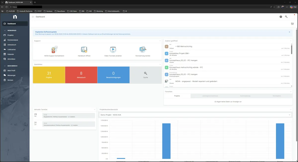 Screenshot der webbasierten AVA-Software NOVA AVA. Zu sehen ist das Haupt-Dashboard mit Kacheln für Projektstatistiken, Schnelleinstiegen zum Support, einer Liste zuletzt geöffneter Projekte sowie Diagrammen zur Kostenkontrolle.