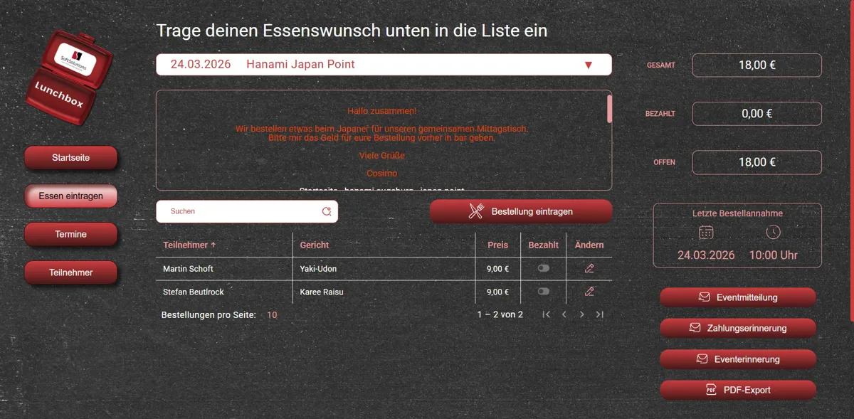 Terminseite zur schnellen Essensbestellung